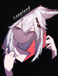 Rule 34 | 1girl, absurdres, animal ears, arknights, beudelb, black background, character name, commentary, disembodied limb, grey eyes, hair between eyes, hair ornament, hairclip, highres, lappland (arknights), long hair, looking at viewer, silver hair, simple background, solo, wolf ears