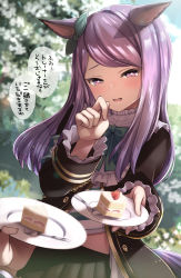 Rule 34 | 1girl, absurdres, animal ears, black jacket, black skirt, blurry, blurry background, blush, bow, cake, commentary request, day, depth of field, ear ribbon, food, fork, frilled sleeves, frills, green bow, green ribbon, hand up, highres, holding, holding plate, horse ears, horse girl, horse tail, jacket, long hair, long sleeves, looking at viewer, mejiro mcqueen (umamusume), nanahone, open mouth, outdoors, plate, pleated skirt, purple eyes, purple hair, ribbon, skirt, smile, solo focus, strawberry shortcake, swept bangs, tail, translated, umamusume
