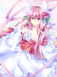 Rule 34 | 1girl, animal ear fluff, animal ears, bell, bow, breasts, choker, cleavage, closed mouth, commentary request, corset, detached sleeves, dress, feet out of frame, flower, frilled dress, frilled sleeves, frills, green bow, hair between eyes, hair bow, highres, holding, holding whip, jingle bell, large breasts, long hair, looking at viewer, official alternate costume, purple bow, ragnarok online, red bow, red choker, red flower, sleeveless, sleeveless dress, smile, solo, tamak rui, twitter username, wanderer (ragnarok online), white dress, white sleeves, wide sleeves