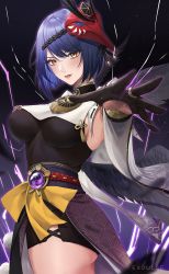 Rule 34 | 1girl, black hair, blue hair, breasts, expulse, genshin impact, halterneck, highres, japanese clothes, kujou sara, lips, looking at viewer, mask, mask on head, mitsudomoe (shape), outstretched arm, rope belt, solo, thighs, tomoe (symbol), yellow eyes