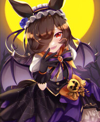 Rule 34 | 1girl, absurdres, alternate eye color, animal ears, black gloves, blush, bow, center frills, commentary request, cowboy shot, dress, ear ornament, fake wings, fangs, frilled dress, frilled hairband, frills, gloves, hair over one eye, hairband, halloween, highres, horse ears, horse girl, long hair, looking at viewer, moon, multicolored clothes, multicolored dress, official alternate costume, outdoors, ponzu (rrrritisu), purple bow, purple dress, red eyes, rice shower (make up vampire!) (umamusume), rice shower (umamusume), signature, smile, solo, umamusume, wings