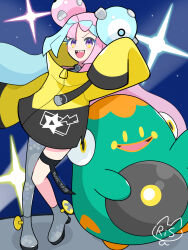 Rule 34 | 1girl, :d, bellibolt, bow-shaped hair, character hair ornament, commentary request, creatures (company), game freak, grey footwear, hair ornament, happy, highres, iono (pokemon), jacket, long hair, multicolored hair, nintendo, open mouth, pokemon, pokemon (creature), pokemon sv, risa (cydv2874), sharp teeth, shoes, signature, single leg pantyhose, sleeves past fingers, sleeves past wrists, smile, star (symbol), star print, teeth, thigh strap, tongue, twintails, two-tone hair, upper teeth only, yellow jacket