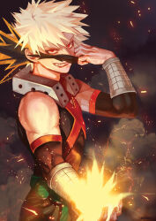 Rule 34 | 1boy, bakugou katsuki, black background, blonde hair, boku no hero academia, cloud, cowboy shot, detached sleeves, explosion, light particles, male focus, red eyes, removing mask, shed1228, short hair, smile, solo, spiked hair, teeth, v-shaped eyebrows