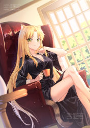 Rule 34 | 1girl, alternate costume, animal ears, arknights, armchair, artist name, bare legs, bathrobe, blonde hair, blurry, blurry foreground, breasts, chair, cleavage, closed mouth, commentary request, crossed legs, cup, day, depth of field, dutch angle, feet out of frame, fur-trimmed sleeves, fur trim, gogatsu fukuin, green eyes, hand up, highres, holding, holding cup, indoors, light particles, long hair, long sleeves, looking at viewer, medium breasts, on chair, parted bangs, sitting, smile, solo, swire (arknights), table, tail, tiger ears, tiger girl, tiger tail, very long hair, wide sleeves, window