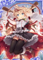 Rule 34 | 1girl, akkijin, amulet, blonde hair, blue eyes, blue sky, boots, card (medium), frilled skirt, frills, japanese clothes, jewelry, jumping, looking at viewer, shinkai no valkyrie, short hair, skirt, sky, solo, sunrise, thighhighs, tiara, tongue, tongue out, weapon