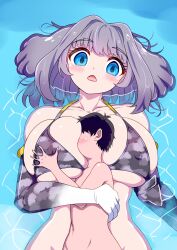 Rule 34 | 1boy, 1girl, afloat, age difference, between breasts, bikini, black bikini, blue eyes, blush, breast smother, breasts, elbow gloves, face between breasts, face to breasts, floating, from above, gloves, head between breasts, hetero, highres, hug, huge breasts, kemono friends, lying, mamiyama, on back, onee-shota, open mouth, partially submerged, ripples, sandwiched, short hair, smother, steller&#039;s sea cow (kemono friends), swimsuit, water