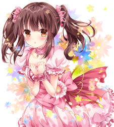 Rule 34 | 10s, 1girl, :o, blunt bangs, blush, brown eyes, brown hair, center frills, collar, collarbone, cowboy shot, dress, ear visible through hair, ears visible through hair, floral background, flower, frilled cuffs, frilled sleeves, frills, hands on own chest, idolmaster, idolmaster cinderella girls, jewelry, layered dress, looking at viewer, nogi takayoshi, ogata chieri, open mouth, pendant, pink dress, pink flower, polka dot, polka dot dress, purple hair, solo, tareme, twintails, wrist cuffs, x-ray, yellow flower