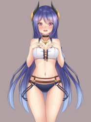 Rule 34 | 1girl, bare arms, bare shoulders, black choker, black panties, blush, bra, breasts, choker, cleavage, cowboy shot, gradient hair, grey background, hands on own chest, highres, horns, jewelry, long hair, looking at viewer, maru.selinn, medium breasts, multicolored hair, navel, necklace, nose blush, open mouth, panties, princess connect!, purple hair, red eyes, rei (princess connect!), rei (summer) (princess connect!), simple background, solo, standing, stomach, thigh gap, thighs, underwear, very long hair, white bra