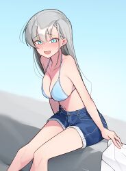 Rule 34 | 1girl, absurdres, arms at sides, bare arms, bare shoulders, bikini, bikini top only, blue bikini, blue eyes, blue shorts, blue sky, blush, braid, braided bangs, breasts, cleavage, collarbone, commentary, day, denim, denim shorts, ear blush, embarrassed, feet out of frame, grey hair, hair behind ear, hair between eyes, halterneck, highres, hisakawa hayate, holding, holding clothes, holding shirt, idolmaster, idolmaster cinderella girls, large breasts, long hair, looking at viewer, navel, nervous smile, no shirt, nose blush, open mouth, outdoors, raised eyebrows, rfeulgen, shirt, shorts, sitting, sky, smile, solo, stomach, sweat, swimsuit, unworn shirt, white shirt
