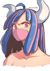 Rule 34 | 1girl, ahoge, aosora2823, artist name, bare shoulders, blue hair, breasts, cleavage, collarbone, glaring, highres, horns, looking at viewer, mask, medium breasts, mouth mask, multicolored hair, nude, one piece, pink eyes, pink hair, pink mask, solo, twitter username, two-tone hair, ulti (one piece), upper body