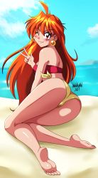 Rule 34 | 1girl, absurdres, alternate costume, ass, back, bare arms, bare legs, bare shoulders, barefoot, beach, bikini, blush, breasts, closed mouth, cloud, danmakuman, day, earrings, eyebrows hidden by hair, eyes visible through hair, fang, feet, from behind, full body, hand up, highres, jewelry, lina inverse, long hair, looking at viewer, looking back, lying, medium breasts, ocean, on side, one eye closed, orange hair, outdoors, red eyes, sand, side-tie bikini bottom, sky, slayers, small breasts, smile, soles, solo, strapless, strapless bikini, swimsuit, toes, v, water, wink