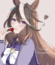 Rule 34 | 1girl, animal ears, blush, bow, brown hair, candy, commentary request, earrings, food, grey background, hair between eyes, happy valentine, heart, highres, holding, holding candy, holding food, horse ears, horse girl, jewelry, long hair, long sleeves, looking at viewer, mino (mii mt), multicolored hair, parted lips, purple eyes, purple shirt, school uniform, shirt, simple background, single earring, smile, solo, streaked hair, symboli rudolf (umamusume), tracen school uniform, umamusume, upper body, very long hair, white bow, white hair