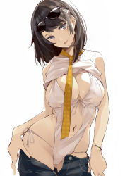Rule 34 | 1girl, argyle, argyle clothes, argyle necktie, argyle neckwear, black hair, blue eyes, bracelet, breasts, cleavage, clothes lift, clothes pull, contrapposto, cowboy shot, eyewear on head, front-tie top, gluteal fold, head tilt, hip focus, jewelry, kekemotsu, large breasts, looking at viewer, medium hair, mole, mole under eye, navel, necktie, one-piece swimsuit, original, pants, pants pull, parted lips, shirt, shirt lift, side-tie swimsuit, simple background, smile, solo, standing, sunglasses, swept bangs, swimsuit, swimsuit under clothes, thighs, tsurime, white background, white one-piece swimsuit, white shirt, yellow necktie