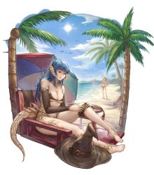 Rule 34 | 1girl, absurdres, au ra, barefoot, beach, bikini, blue eyes, blue hair, blue sky, blunt bangs, cloud, commentary, day, detached sleeves, dragon girl, dragon horns, dragon tail, english commentary, final fantasy, final fantasy xiv, from side, full body, half-closed eyes, hat, highres, horns, knee up, long hair, ocean, outdoors, palm tree, parasol, scales, seneka grafika, simple bird, sitting, sky, solo focus, swimsuit, tail, tree, umbrella, unworn hat, unworn headwear, warrior of light (ff14), water, witch hat