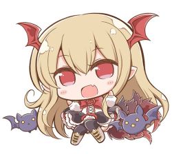 Rule 34 | 10s, 1girl, :&lt;, :d, animal, bat (animal), bat wings, black skirt, black thighhighs, blonde hair, blush stickers, boots, bow, bowtie, chibi, cross-laced clothes, cross-laced footwear, fang, flying, frilled skirt, frills, full body, granblue fantasy, hair between eyes, hands up, head wings, lace-up boots, long hair, long sleeves, looking at viewer, nejikirio, open mouth, pointy ears, red bow, red bowtie, red eyes, shingeki no bahamut, shirt, simple background, skirt, smile, solo, thighhighs, vampire, vampy, white background, white footwear, white shirt, wings, yellow eyes