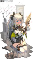 Rule 34 | 1girl, absurdres, animal, black dress, black gloves, blue eyes, blush, bow, copyright request, dm (dai miao), dress, drooling, fingerless gloves, fish, full body, gloves, grey hair, hair bow, highres, holding, holding animal, holding fish, long hair, long sleeves, no shoes, open mouth, plant, potted plant, seiza, sitting, solo, sparkle, thighhighs, v-shaped eyebrows, white thighhighs