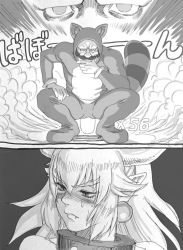 Rule 34 | 1boy, 1girl, ?, animal costume, blush, bowsette, collar, comic, facial hair, gloves, greyscale, hand on own thigh, head rest, highres, kouson q, looking away, mario, mario (series), monochrome, mustache, new super mario bros. u deluxe, nintendo, pointy ears, ponytail, silent comic, spiked collar, spikes, squatting, staring, super crown, sweatdrop, tanuki costume