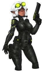 Rule 34 | 1girl, barbariank, belt, belt pouch, bodysuit, bow, breasts, champions online, commentary, cropped legs, dark skin, dark-skinned female, facial mark, goggles, goggles on head, green eyes, gun, hair bow, handgun, highres, large breasts, looking at viewer, original, parted lips, pointy ears, pouch, raised eyebrow, short hair, skin tight, smirk, solo, standing, transparent background, weapon, white hair