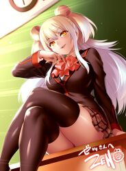 Rule 34 | 1girl, arm support, black jacket, black thighhighs, blonde hair, blurry, blurry background, blush, bow, breasts, classroom, commentary request, commission, crossed legs, curvy, desk, double bun, eyelashes, eyes visible through hair, feet out of frame, from below, gradient hair, green hair, grey skirt, hair between eyes, hair bun, hand to head, hand up, harriet (pso2), head tilt, indoors, jacket, large breasts, light rays, little busters!, little busters! school uniform, long hair, long sleeves, looking at viewer, miniskirt, multicolored hair, on desk, open mouth, orange eyes, parted lips, phantasy star, phantasy star online 2, pink bow, plaid, plaid skirt, pleated skirt, school uniform, shiny skin, sidelocks, signature, sitting, on desk, skeb commission, skirt, smile, solo, sunbeam, sunlight, teeth, thighhighs, thighs, two side up, upper teeth only, very long hair, zen (kamuro), zettai ryouiki