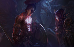 Rule 34 | 1boy, 1girl, abs, armband, armor, blood, brown hair, chenbo, ear armor, ear protection, email address, closed eyes, forehead protector, helmet, highres, injury, league of legends, leona (league of legends), long hair, muscular, no eyes, pantheon (league of legends), polearm, shield, signature, spear, topless, unicorn, watermark, weapon