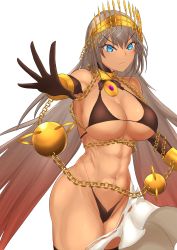 Rule 34 | abs, absurdres, bikini, black bikini, blue eyes, breasts, brown gloves, chain, chain, cleavage, cowboy shot, crown, cuffs, exhibitionism, fate/grand order, fate (series), g-string, gloves, gold chain, grey hair, highleg, highleg bikini, highres, jewelry, kiteno kiten, large breasts, neck ring, public indecency, swimsuit, tan, thighhighs, thong, white background, zenobia (fate)