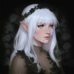 Rule 34 | 1girl, absurdres, black flower, black rose, breasts, cleavage, commission, crown, daria shilo, dress, elf, flower, grey eyes, highres, long hair, medium breasts, pointy ears, portrait, rose, see-through, see-through dress, silvenia ettertree, smile, solo, the wandering inn, white hair