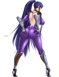 Rule 34 | 1girl, akiyama rinko, aoi nagisa (metalder), ass, ass focus, ass grab, back, blue hair, bodysuit, boots, breasts, cameltoe, cleavage, cleavage cutout, cleft of venus, clothing cutout, covered navel, curvy, fishnets, full body, game cg, high ponytail, highres, huge ass, large breasts, legs apart, lilith-soft, long hair, looking at viewer, purple eyes, sexually suggestive, shiny, shiny clothes, shiny skin, simple background, solo, spread ass, standing, taimanin (series), taimanin yukikaze, taimanin yukikaze 2, underboob, very long hair