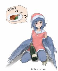 Rule 34 | ?, animal ears, bird ears, bird legs, bird wings, blue eyes, blue feathers, blue hair, blush, christmas, dated, dress, english text, feathered wings, feathers, food, glass bottle, grey eyes, harpy, hat, highres, monster girl, open clothes, original, red dress, rnd.jpg (artist), santa hat, solo, talons, winged arms, wings