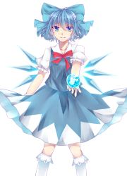 Rule 34 | 1girl, apple, bad id, bad pixiv id, blue eyes, blue hair, bow, cirno, food, fruit, hair bow, ice, ice wings, looking at viewer, matching hair/eyes, outstretched arm, outstretched hand, puffy sleeves, shinoyu (rhombus), shirt, short sleeves, simple background, skirt, skirt set, solo, touhou, vest, white background, wings