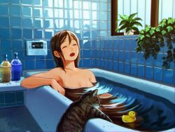 Rule 34 | 1girl, arms up, bath, bathing, bathroom, bathtub, bird, black hair, breasts, cat, collarbone, crossed arms, duck, duckling, closed eyes, flower, indoors, long hair, nashigaya koyomi, nude, open mouth, original, partially submerged, plant, potted plant, ripples, rubber duck, solo, tile floor, tile wall, tiles, water, wet, wet hair