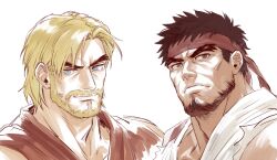 2boys aged_up alternate_facial_hair bara beard black_hair blonde_hair connected_beard couple facial_hair forked_eyebrows full_beard headband ken_masters looking_at_another male_focus mature_eyes mature_male multiple_boys muscular muscular_male red_headband ryu_(street_fighter) short_hair smile street_fighter street_fighter_6 thick_beard thick_eyebrows yaoi yuiofire