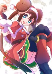 Rule 34 | 1girl, bad id, bad pixiv id, belt, black gloves, black thighhighs, blue eyes, brown hair, capelet, christmas, commentary request, creatures (company), double bun, dress, eyelashes, game freak, gloves, hair bun, hat, highres, holding, holding poke ball, long hair, looking at viewer, miyama (yakinikusushi the royal), nintendo, official alternate costume, open mouth, poke ball, poke ball (basic), pokemon, pokemon masters ex, red capelet, red dress, red hat, rosa (holiday 2019) (pokemon), rosa (pokemon), santa hat, sidelocks, smile, solo, thighhighs, twintails, very long hair
