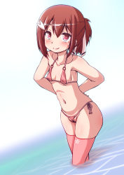 Rule 34 | 10s, 1girl, bikini, blush, breasts, covered erect nipples, highres, navel, ocean, red eyes, red hair, small breasts, smile, solo, swimsuit, thighhighs, yuuki yuuna, yuuki yuuna wa yuusha de aru, yuusha de aru