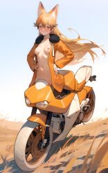 Rule 34 | 1girl, absurdres, animal ears, blonde hair, blush, breasts, closed mouth, commentary request, commission, day, extra ears, ezo red fox (kemono friends), floating hair, fox ears, fox girl, fur-trimmed jacket, fur trim, fusion, hair between eyes, hands on own hips, highres, jacket, kemono friends, long hair, long sleeves, medium breasts, motor vehicle, motorcycle, navel, nipples, open clothes, open jacket, orange jacket, outdoors, shadow, sidelocks, signature, solo, standing, taur, welt (kinsei koutenkyoku)