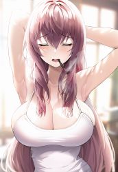 Rule 34 | 1girl, armpits, arms behind head, arms up, backlighting, blush, breasts, camisole, cigarette, cleavage, closed eyes, collarbone, commentary request, facing viewer, fate/grand order, fate (series), highres, indoors, large breasts, long hair, mouth hold, open mouth, purple hair, revision, scathach (fate), smoke, smoking, solo, straight hair, suou-sensei, upper body, very long hair, window