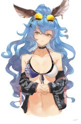 Rule 34 | 1girl, animal ears, bare shoulders, bikini, black jacket, blue hair, blush, breasts, breasts apart, collar, commentary request, earrings, erune, eyewear on head, ferry (granblue fantasy), front-tie top, granblue fantasy, highres, jacket, unworn jacket, jewelry, kumonji aruto, long hair, looking at viewer, multicolored bikini, multicolored clothes, navel, own hands together, ponytail, signature, single earring, solo, sunglasses, swimsuit, upper body, white background, yellow eyes