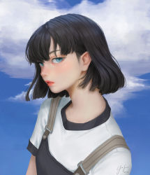 Rule 34 | 1girl, arm at side, artist name, black hair, blue eyes, blue sky, cloud, cloudy sky, commentary, day, english commentary, geo siador, lips, looking at viewer, nose, original, parted lips, pink lips, shirt, short hair, signature, sky, upper body, white shirt