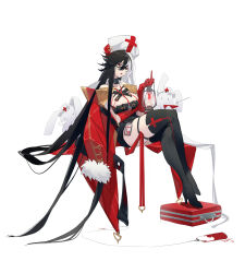 Rule 34 | 1girl, absurdly long hair, absurdres, animal, bags under eyes, bare shoulders, black choker, black dress, black eyes, black footwear, black hair, blood, blood bag, boots, breasts, briefcase, choker, closed eyes, clothed animal, coat, coat on shoulders, collarbone, cross, crossed legs, dress, english text, fang, female focus, full body, fur-trimmed coat, fur-trimmed sleeves, fur trim, gloves, half-closed eyes, hand up, hat, high heels, highres, holding, holding lantern, holding syringe, id card, invisible chair, lantern, large breasts, latin cross, legs, long hair, long sleeves, middle finger, mitre, multicolored hair, nana ann, nurse cap, open clothes, open coat, open mouth, original, rabbit, red coat, red cross, red eyes, red gloves, red ribbon, ribbon, short dress, sidelocks, simple background, sitting, sketch, skin fang, skindentation, sleeping, sleeveless, sleeveless dress, solo, squeans, stethoscope, syringe, teeth, thigh boots, thigh strap, thighs, two-tone hair, u u, v-shaped eyebrows, very long hair, white background, white hair, white hat