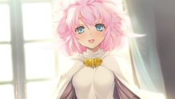 Rule 34 | 1girl, blue eyes, blush, breasts, game cg, looking at viewer, open mouth, orion (orionproject), pink hair, rance (series), rance ix, short hair, sill plain, smile, solo