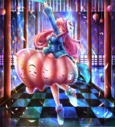 Rule 34 | 1girl, ankle boots, boots, bow, breasts, checkered background, checkered floor, circle, covering own mouth, floor, folding fan, fox mask, hand fan, hata no kokoro, large breasts, leg up, light trail, long hair, looking at viewer, mask, navel, petals, pillar, pink eyes, pink hair, plaid, plaid shirt, satoji (ochanomkmskry), shirt, skirt, solo, star (symbol), touhou, triangle, very long hair, x (letter)