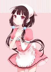 Rule 34 | 1girl, :o, apron, bad id, bad pixiv id, blend s, blunt bangs, blush, brown hair, commentary, cowboy shot, dress, gloves, unworn gloves, hair ornament, hand on own chest, head scarf, highres, kurashi, long hair, looking at viewer, low twintails, pink dress, pink eyes, puffy sleeves, sakuranomiya maika, short sleeves, solo, standing, stile uniform, thighhighs, twintails, waitress, white thighhighs, zettai ryouiki