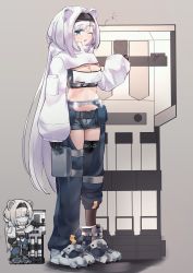 Rule 34 | 1girl, ;o, absurdres, animal ears, arknights, aurora (arknights), bear ears, black hairband, blue eyes, boots, breasts, chaps, chibi, cleavage, cleavage cutout, clothing cutout, crop top, cropped jacket, full body, grey background, grey shorts, hairband, highres, infection monitor (arknights), jacket, kirigirisu1221, long hair, long sleeves, looking at viewer, midriff, multiple views, navel, one eye closed, open mouth, shield, short shorts, shorts, simple background, standing, stomach, very long hair, white hair, white jacket