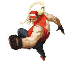 Rule 34 | 1boy, blonde hair, fatal fury, fingerless gloves, gloves, hat, hat over one eye, highres, male focus, muscular, nona, official art, one eye covered, ponytail, sleeveless, snk, solo, svc chaos, terry bogard, the king of fighters, vest