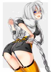 Rule 34 | 1girl, ahoge, ass, black shorts, blush, bow, braid, breasts, fingernails, flying sweatdrops, garter straps, grey background, grey shirt, hair between eyes, holding, holding hair, kizuna akari, leaning forward, long hair, long sleeves, looking at viewer, looking back, low twintails, medium breasts, nose blush, open mouth, orange thighhighs, shirt, short shorts, shorts, silver hair, solo, striped bow, striped clothes, striped thighhighs, thighhighs, twin braids, twintails, two-tone background, vertical-striped clothes, vertical-striped thighhighs, very long hair, voiceroid, wavy mouth, white background, yellow bow, yodare (3yami8)