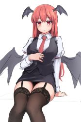 Rule 34 | 1girl, absurdres, arm support, bat wings, breasts, expressionless, feet out of frame, forneus 0, garter straps, head wings, highres, knees together feet apart, koakuma, large breasts, long hair, long sleeves, looking at viewer, miniskirt, necktie, panties, red eyes, red hair, shirt, simple background, sitting, sketch, skirt, solo, thighhighs, touhou, underwear, vest, white background, wings