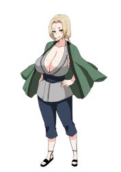 Rule 34 | 1girl, blush, breasts, brown eyes, cleavage, closed mouth, collarbone, facial mark, forehead mark, full body, huge breasts, jacket, jacket on shoulders, japanese clothes, light brown hair, looking at viewer, low twintails, medium hair, naruto, naruto (series), sash, smile, solo, standing, tawashi1623, tsunade (naruto), twintails