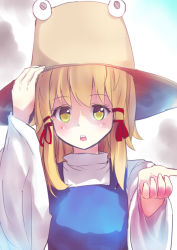 Rule 34 | 1girl, blonde hair, blue dress, culter, dress, hair ribbon, hat, long sleeves, looking at viewer, moriya suwako, open mouth, outstretched hand, ribbon, shirt, solo, touhou, upper body, wide sleeves, yellow eyes