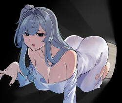 Rule 34 | 1girl, absurdres, alternate eye color, ass, bags under eyes, bare shoulders, black background, black eyes, black nails, blue hair, breasts, cleavage, commentary request, cosplay, crawling, dress, empty eyes, expressionless, hand up, highres, kotonoha aoi, large breasts, long hair, looking at viewer, low-tied sidelocks, off-shoulder dress, off shoulder, one side up, open mouth, parody, sidelocks, skindentation, solo, static, the ring, through medium, through screen, toriniku29, torn clothes, torn dress, voiceroid, white dress, yamamura sadako, yamamura sadako (cosplay)