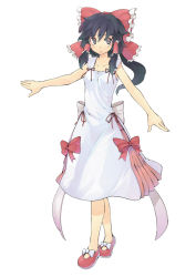 Rule 34 | 1girl, alternate costume, black hair, bow, dress, female focus, hair bow, hakurei reimu, morino hon, no socks, outstretched arms, ponytail, short hair, simple background, solo, spread arms, sundress, touhou, white background, white dress
