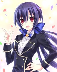 Rule 34 | 10s, 1girl, alternate costume, alternate hairstyle, bad id, bad pixiv id, black hair, breasts, hair ornament, hinano, jacket, long hair, looking at viewer, neptune (series), noire (neptunia), open mouth, ponytail, red eyes, ribbon, smile, solo